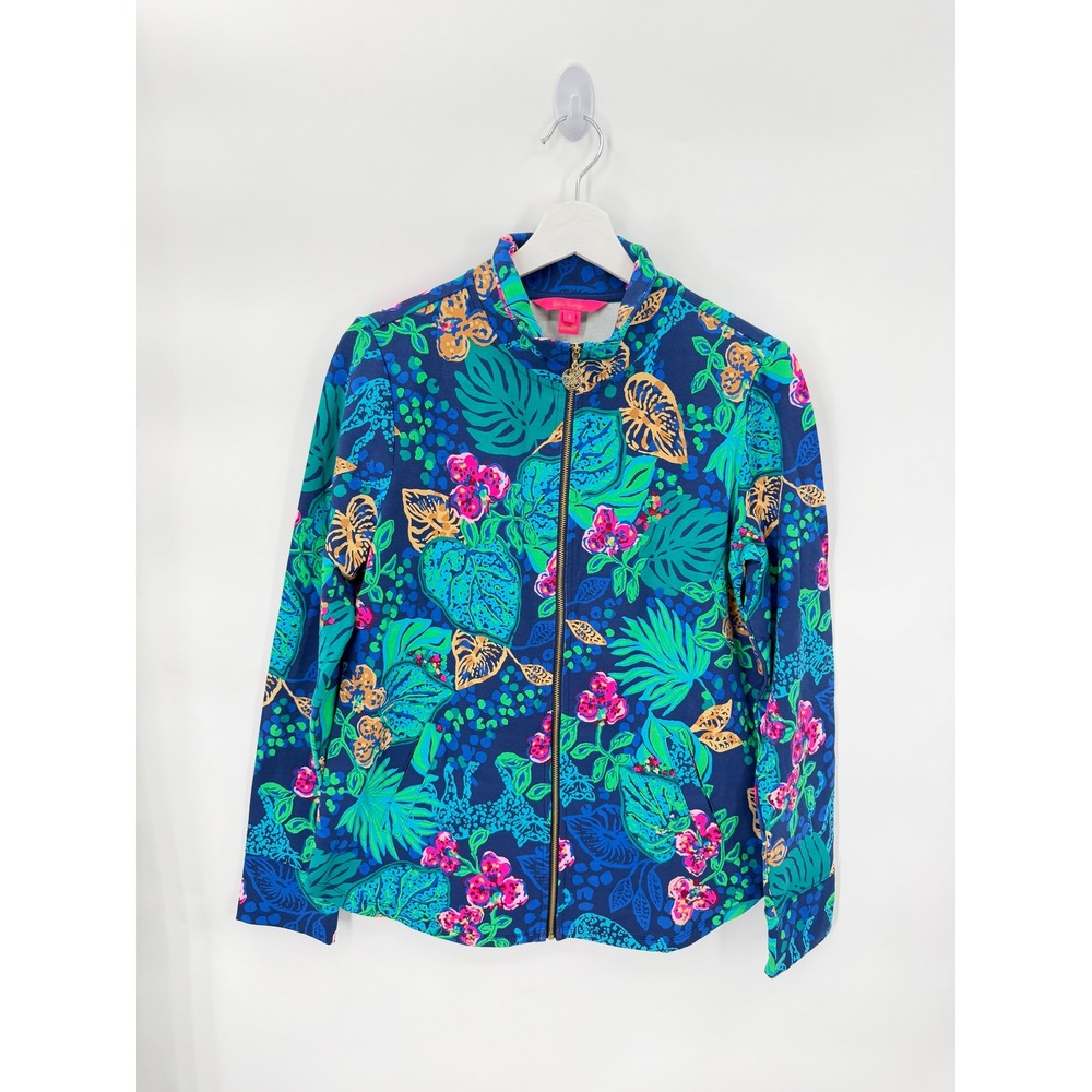 Lilly Pulitzer Jacket Womens S Navy Blue Tropical Floral Zip Mock Neck Pockets
